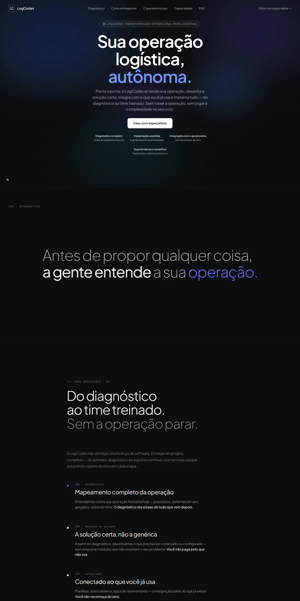 Página de logística da LogCodex, com o título Sua operação logística, automatizada.
